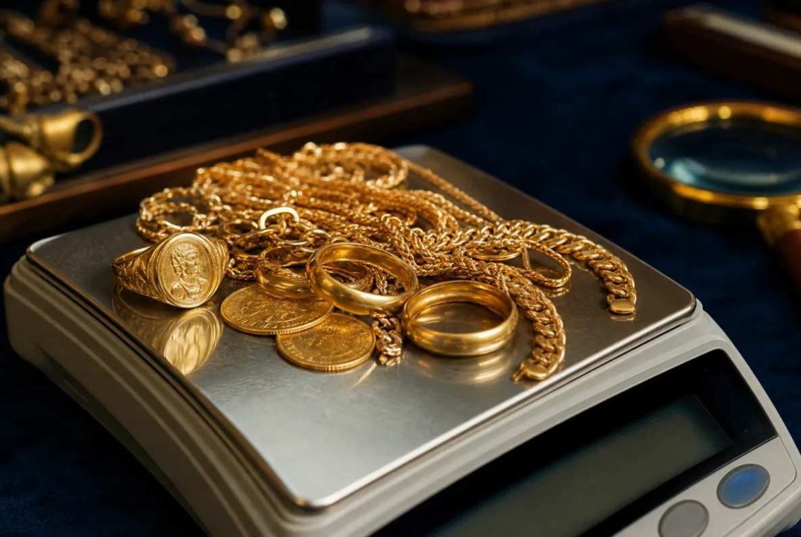 Gros plan de bijoux et pièces en or pesés sur une balance numérique de précision par un professionnel du rachat d'or.